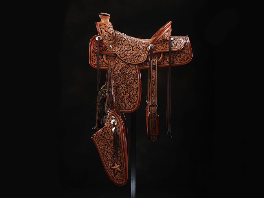 A hand-tooled M.L. Leddy's custom saddle in the San Angelo saddle shop