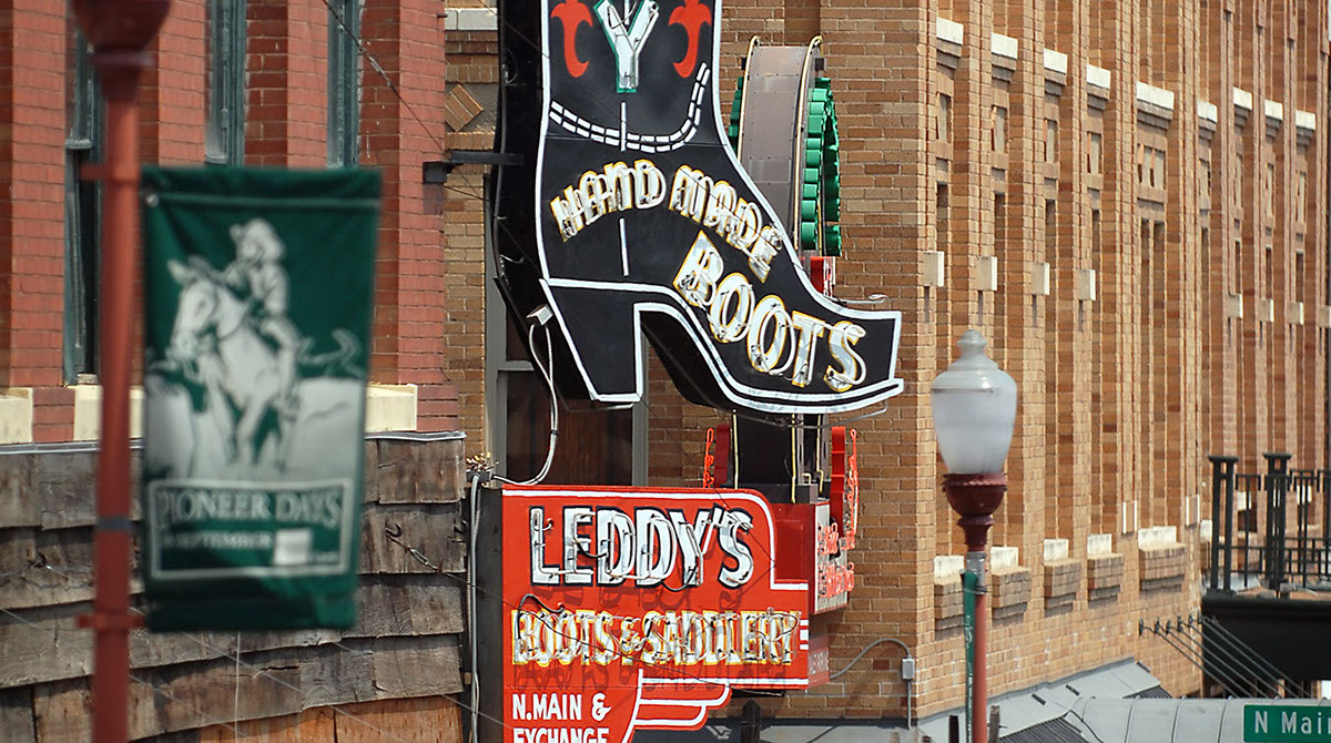 The M.L. Leddy's neon boot sign over the Fort Worth Stockyards